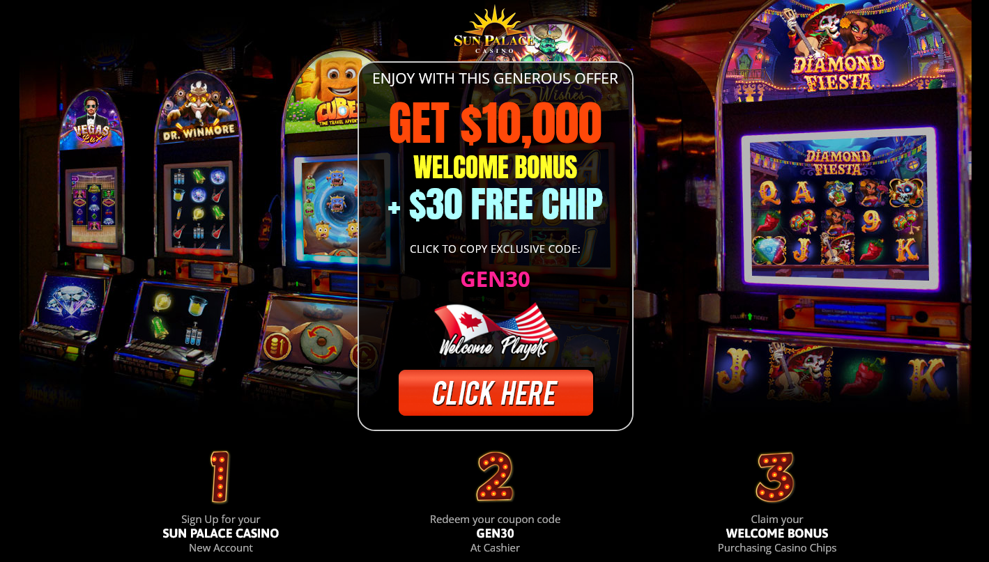 GET $10,000 WELCOME BONUS + $30 FREE CHIP